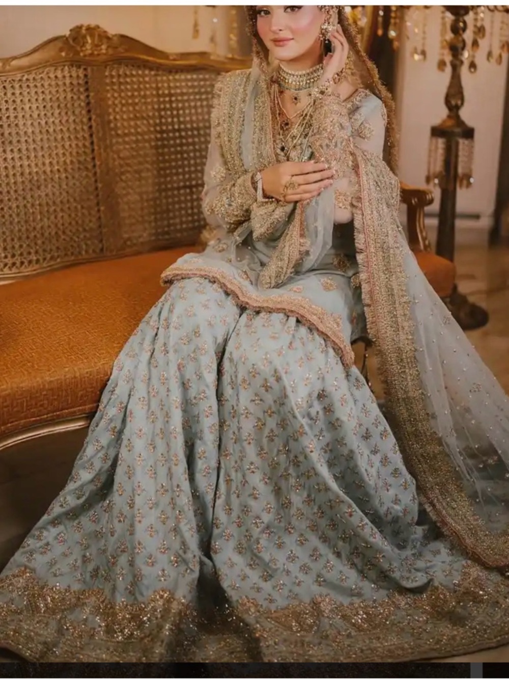 Elegant olive  Blue Embroidered Women's gharara wedding party wear bust 42